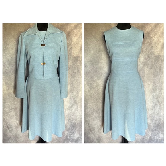 Vtg 60s 70s David Warren 2 Pc Dress & Jacket Set Sm Blue A-line Midi MCM Mod EUC - Picture 1 of 16